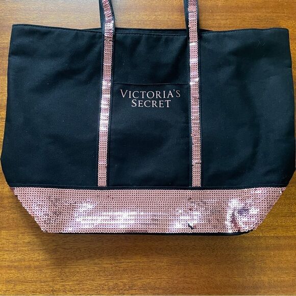 Victoria’s Secret Sequin And Canvas Tote Pink Black - Picture 2 of 12